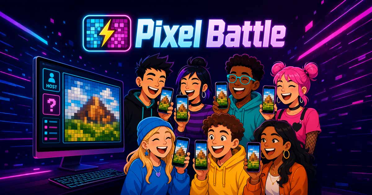 Pixel Battle Live-Spiel mit verpixeltem Bild, QR-Code und Rangliste