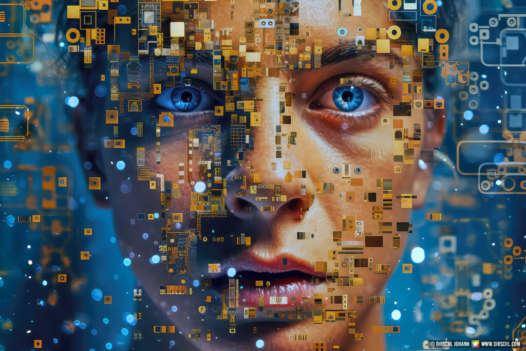 Universal image of a man disintegrating into particles, cybersecurity, privacy rights, blue eyes blue background, Generative AI