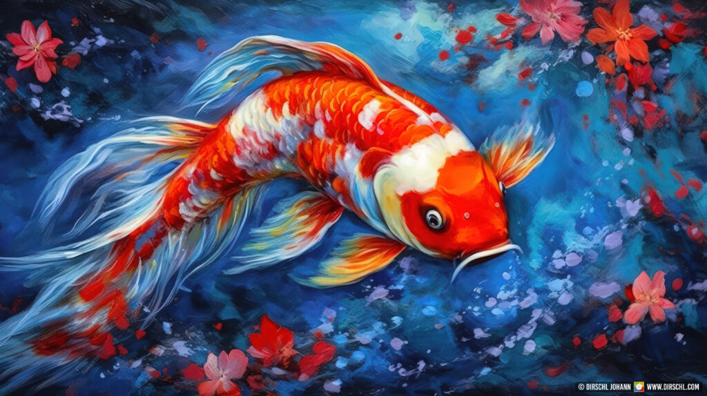 Alcohol Inc. and Impasto Mix painting of a Koi Karpen in beautiful blue, white and orange colors, Generative AI