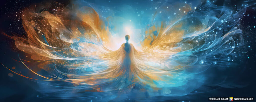 Regression, encounter, angels in the light, a safely guided inner journey, meditation healing energies, feelings and thoughts, fantasies and dreams, banner, Generative AI