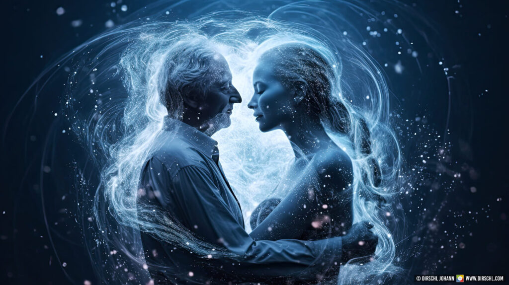 Man and woman, old and young, father and daughter, dance, love, hug, memories, thoughts, dynamic background, flying particles, cold blue colors, Generative AI