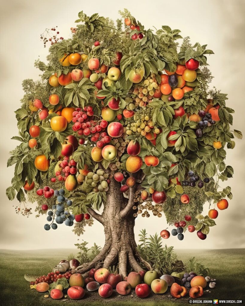 Tree of life with different kinds of fruits like apples, pears, cherries, plums, peach, Generative AI