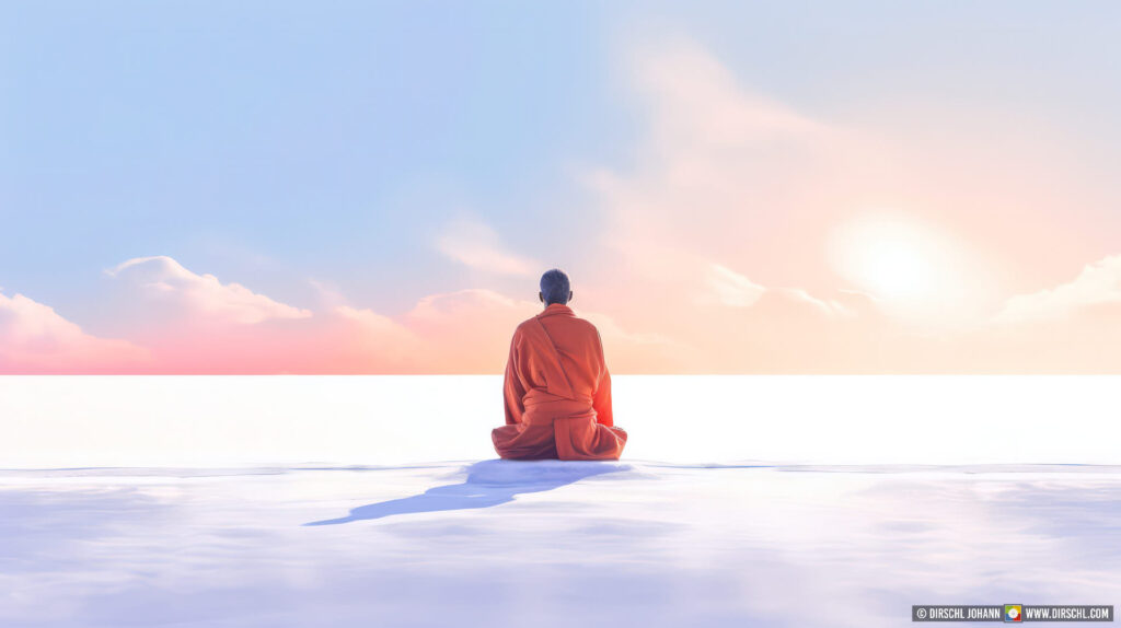 monk in orange robe meditating cross-legged from behind in a high-key, salt lake scenery, pastel colored clouds, as banner, background or single image, generative ai