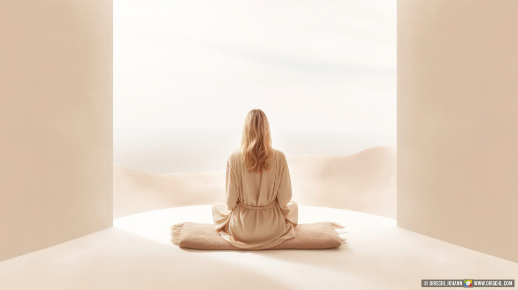 blond woman in beige robe meditating cross-legged from behind in a high-key, desert scenery, as banner, background or single image, generative ai