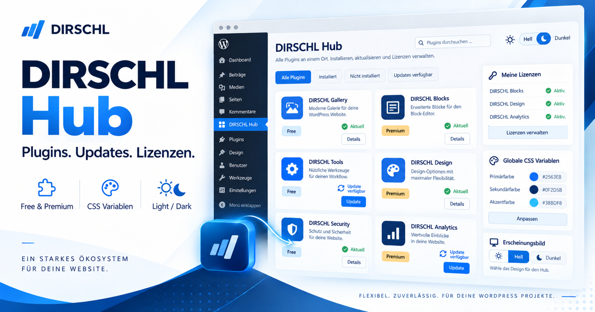 DIRSCHL Hub WordPress Plugin mit Katalog, Lizenzen, CSS-Variablen und Light-/Dark-Mode