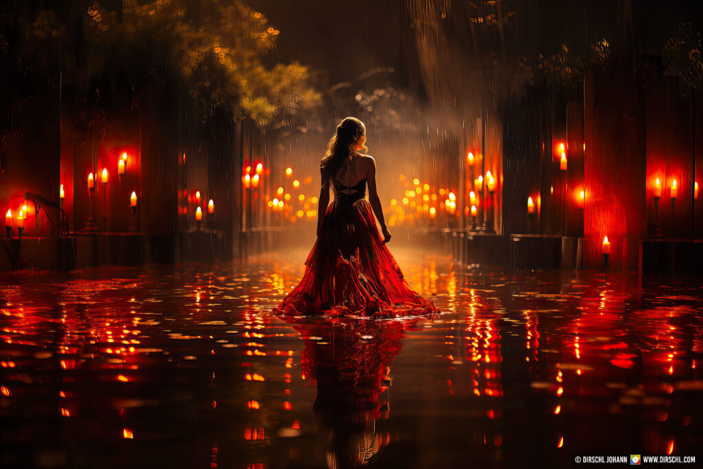 Johann Dirschl, Midjourney, Lady in red dress reflecting in water