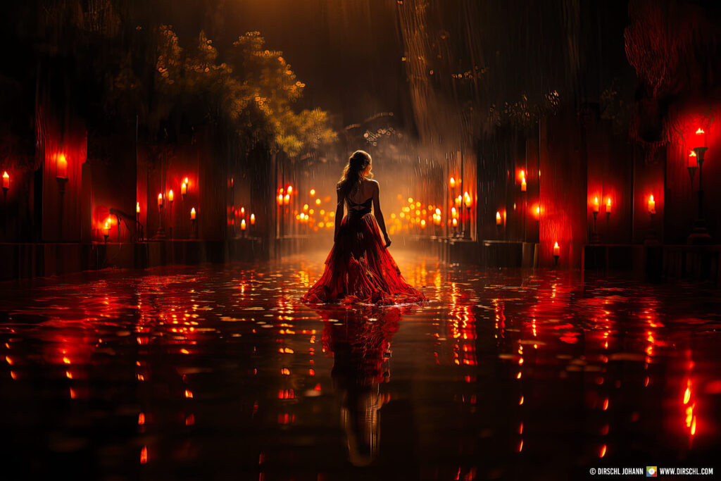 Dirschl Johann, Midjounrey, Lady in red dress reflecting in water, zoom out