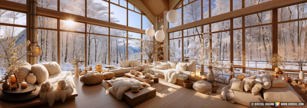 Interior design, Japanese-style living room, large windows, winter forest view, beige and white tones, white sheep's wool textile elements, morning sun rays, sunset, zen garden, , generative ai