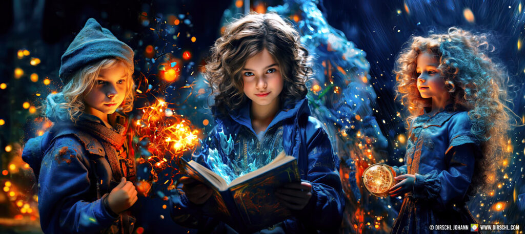three 5 year old children, girl, boy reading an exciting book, mystical, magic mood, knowledge of the world, glowing lights, bokeh, generative ai