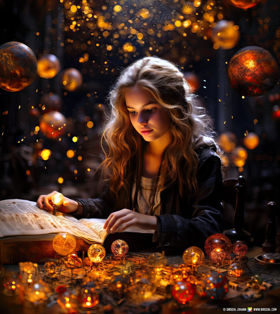 17 year old girl is fascinated by the knowledge of the world, the icon of light bulbs, books and glowing lights symbolize curiosity, generative ai