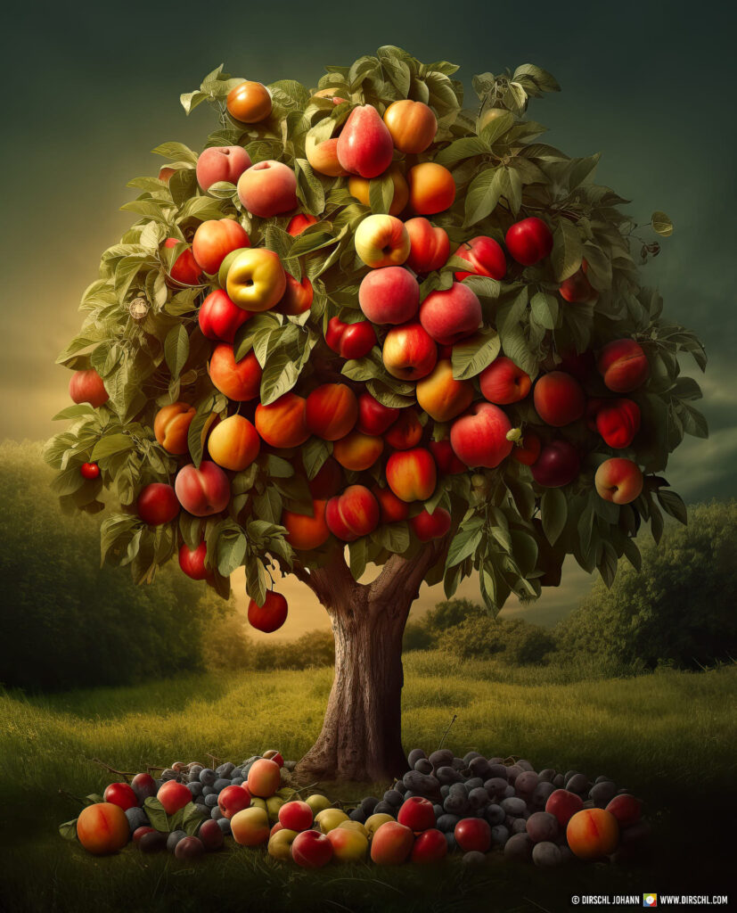 Tree of life with different kinds of fruits like apples, pears, plums, peaches, Generative AI