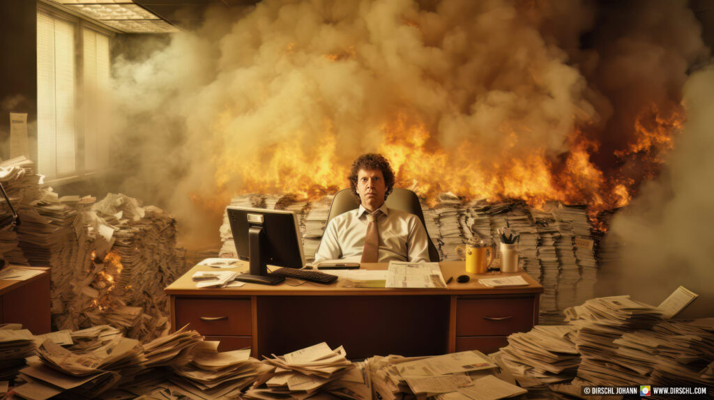 Burnout, employee hates his job, office is on fire, time for something new, job search, job wanted, employment agency, documents burned, digital office, files destroyed, Generative AI