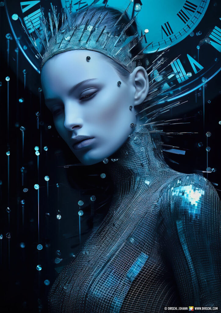 Time travel in a Faraday suit, turn back time, beautiful futuristic portrait of a young woman in front of an old clock with technical elements, Generative AI