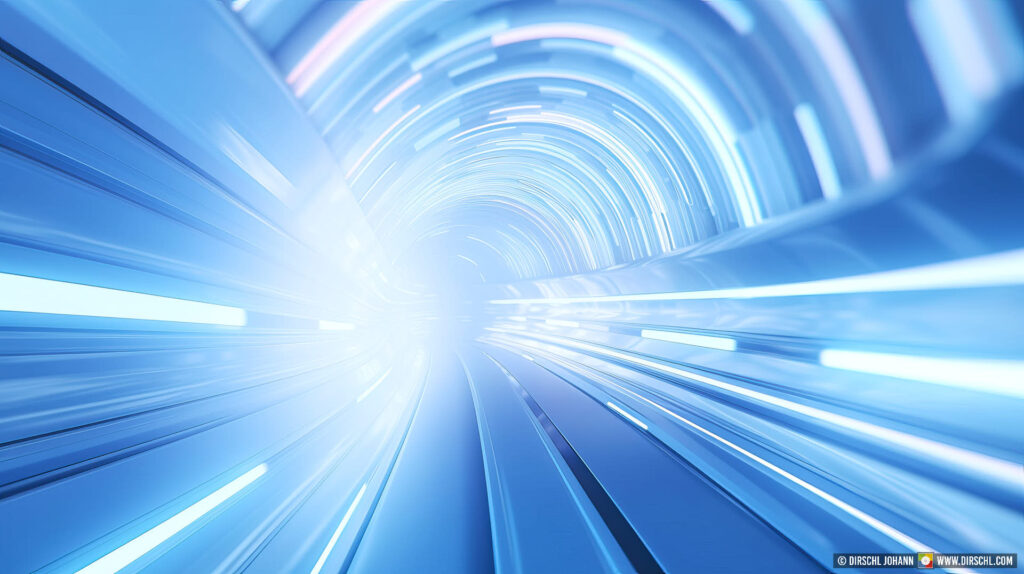 Accelerate through the white tunnel of mooving lights, into a curve, cold light blue colors, Generative AI