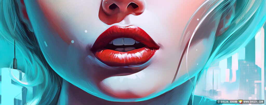 Close-up of a pinup girl with red lips, part of a beautiful female face in a cold light blue city style as a banner, painting, Generative AI