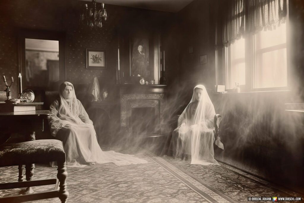 Spirit leaving the body, regression, past, ancestors, ghosts, hauntings, 1910s spiritualism photography, black and white, Generative AI