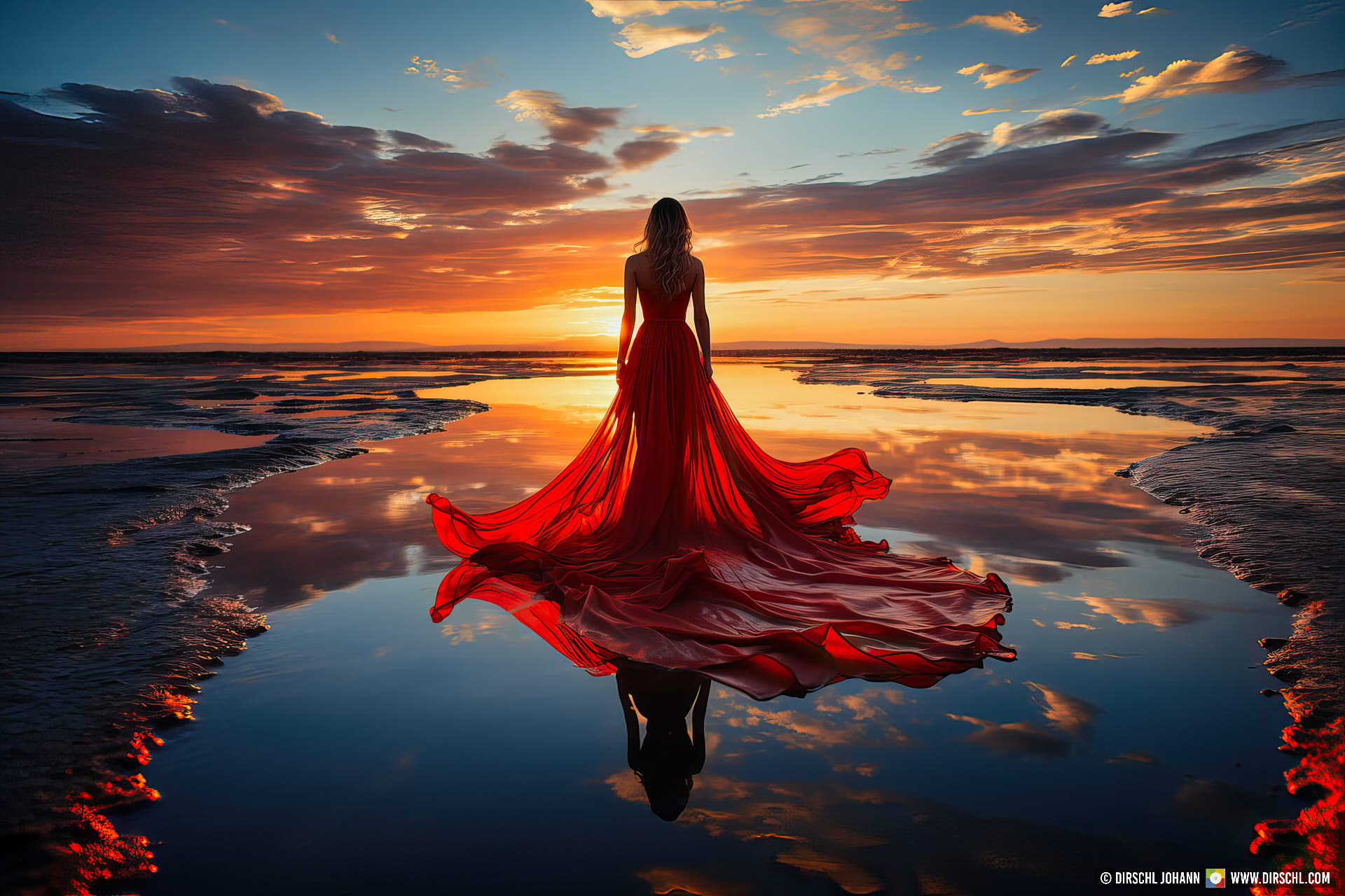 Johann Dirschl, Midjourney, Lady in red dress at sunset reflecting on water, Zoom Out