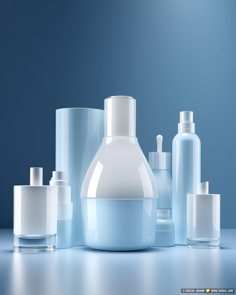 minimalistic 3D rendering of unique modern unlabeled white and baby blue translucent glass bottles as set, shop placeholder, generative AI