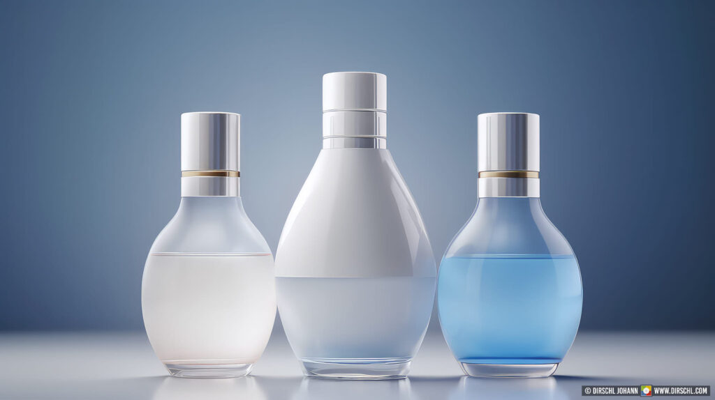 3 bulbous glass bottles, minimalistic 3D rendering, unique modern unlabeled white and baby blue translucent glass bottles, set design for marketing, advertising campaign, generative AI