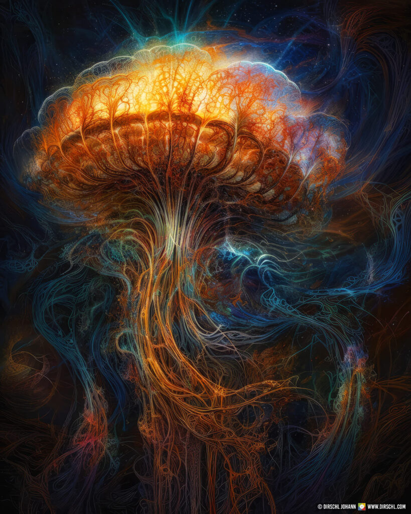 a jellyfish full of energy floating through the universe, a golden glowing head with a network of tentakel, generative ai