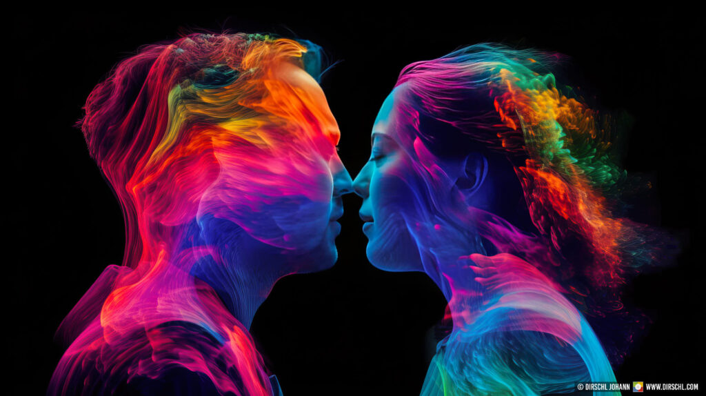 a couple in love, man and woman in flir thermal camera neon colors on black background. single party, couple therapy, generative ai
