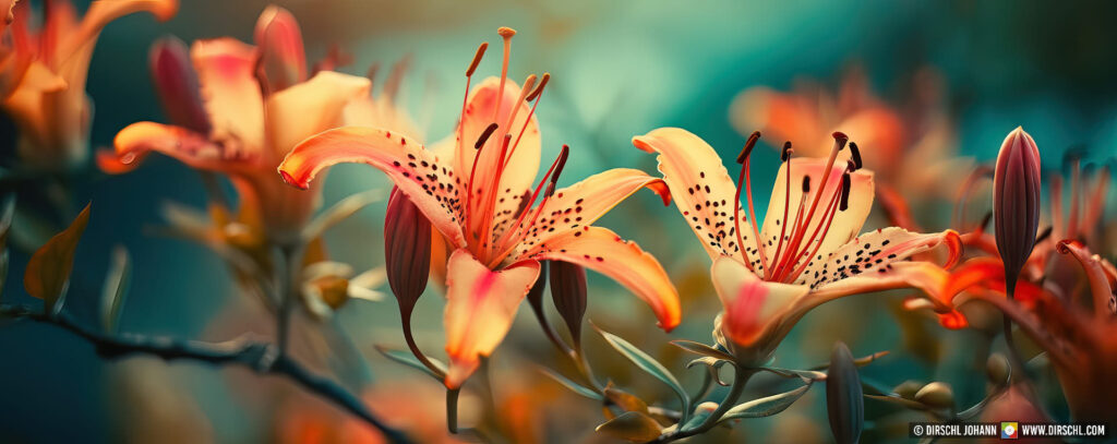 0range lilies on a teal green background as a web banner, Generative AI