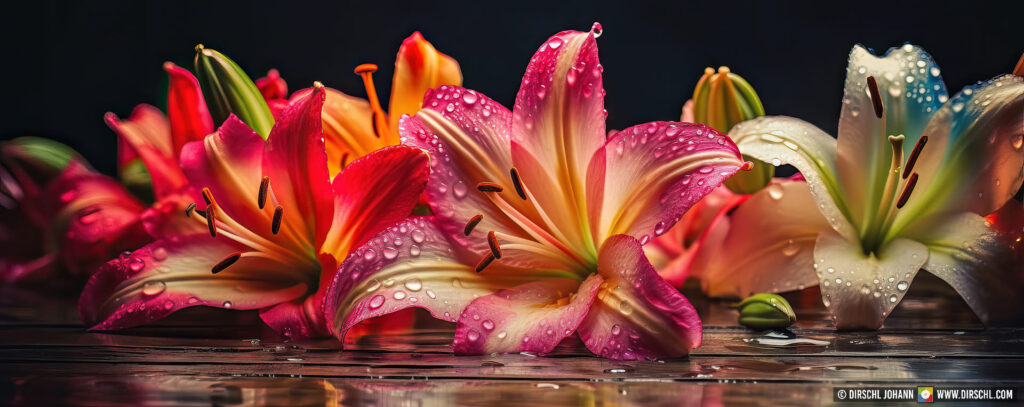 Colorful lilies reflecting on a wet wooden table. Panoramic background or web banner, generative AI