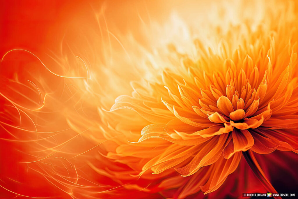 dahlia or chrysanthemums orange, fire-like display in colors of embers and fire as background or frame with space for text, generative ai