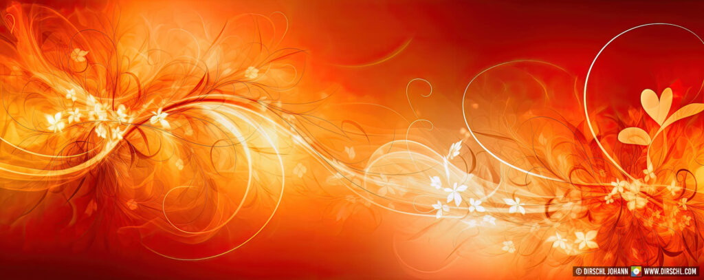 floral wavy background in panoramic format with space for text as a banner. fire-like colors of white, orange and red. volcanic flowers, generative ai