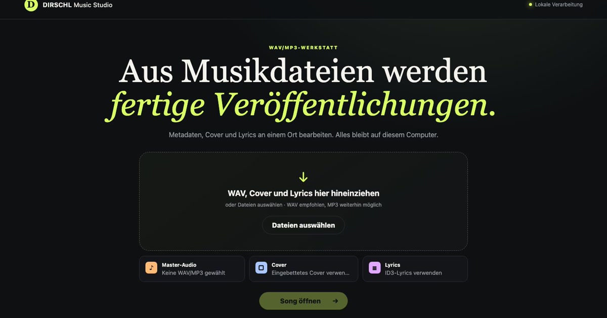 Startansicht des DIRSCHL Music Studio mit Import für WAV, Cover und Lyrics