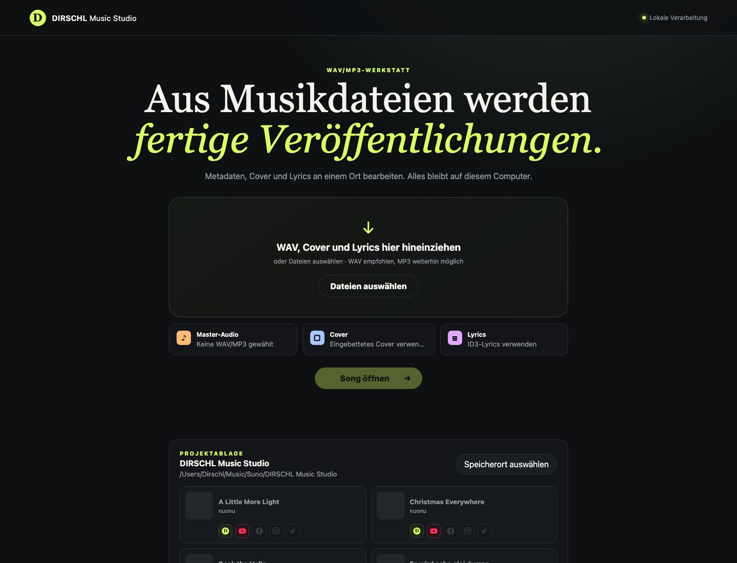 Projektablage des DIRSCHL Music Studio mit mehreren Songs und Status der Veröffentlichungen