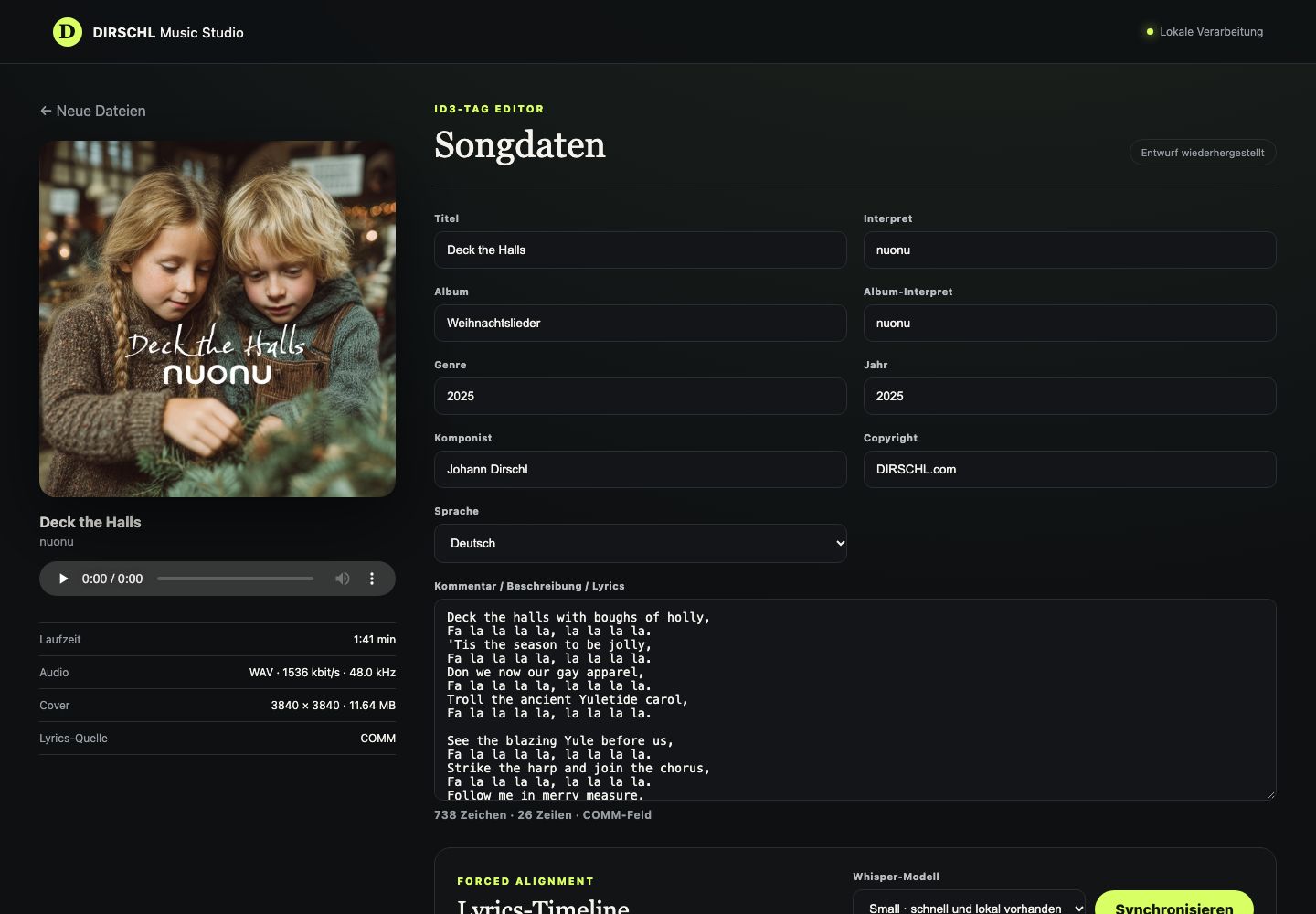 Songprojekt Deck the Halls mit Cover, Metadaten, WAV-Datei und Lyrics im DIRSCHL Music Studio
