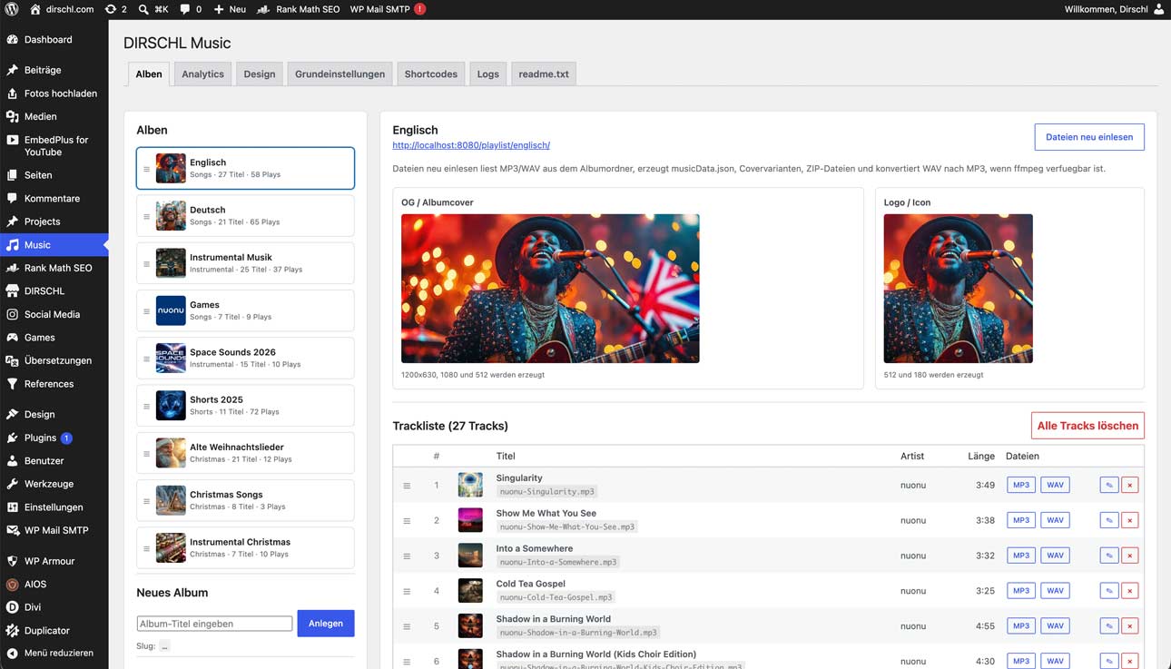 DIRSCHL Music WordPress Plugin Backend