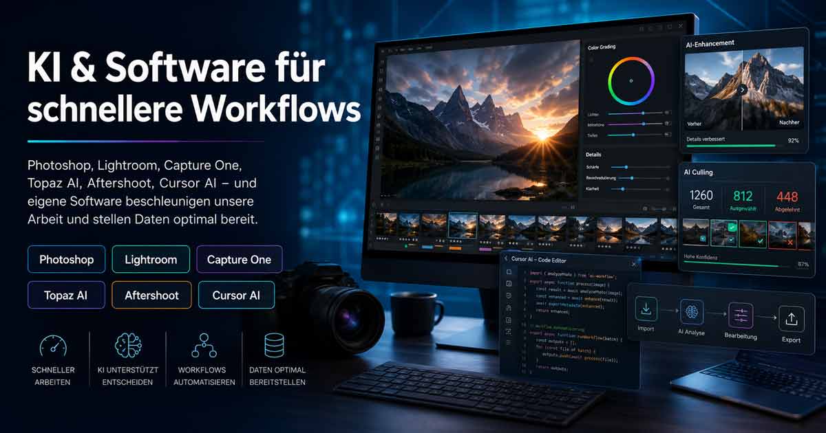 fotografie-software-ki-schneller-workflow Photoshop, Lightroom, Capture One, Topaz AI, Aftershoot, Evoto und Co.