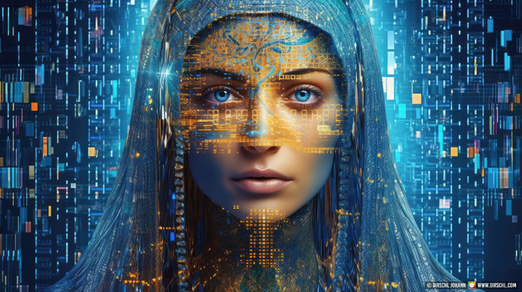 Beautiful female holy mary with cryptic background. Data and AI generated avatar in modern colors. Data security, personal data, data protection, future, generative AI