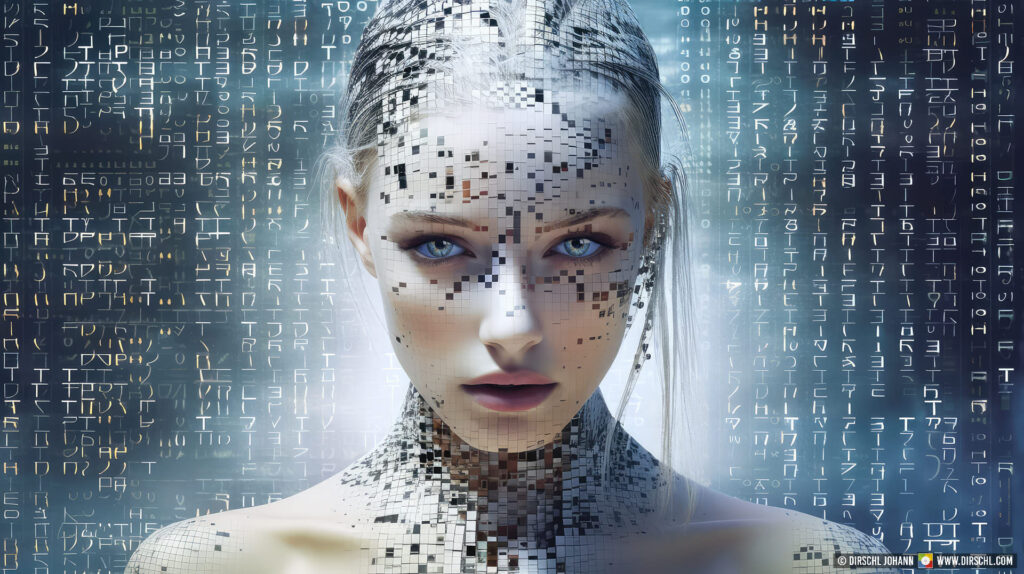 Fragmented female figure with cryptic background. Data and AI generated avatar in modern colors. Data security, personal data, data protection, future, generative AI