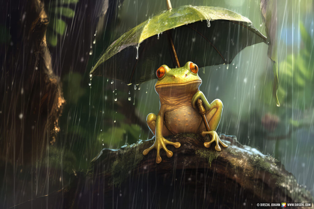 green weatherman with an umbrella in the pouring rain on a log in the forest, Generative AI