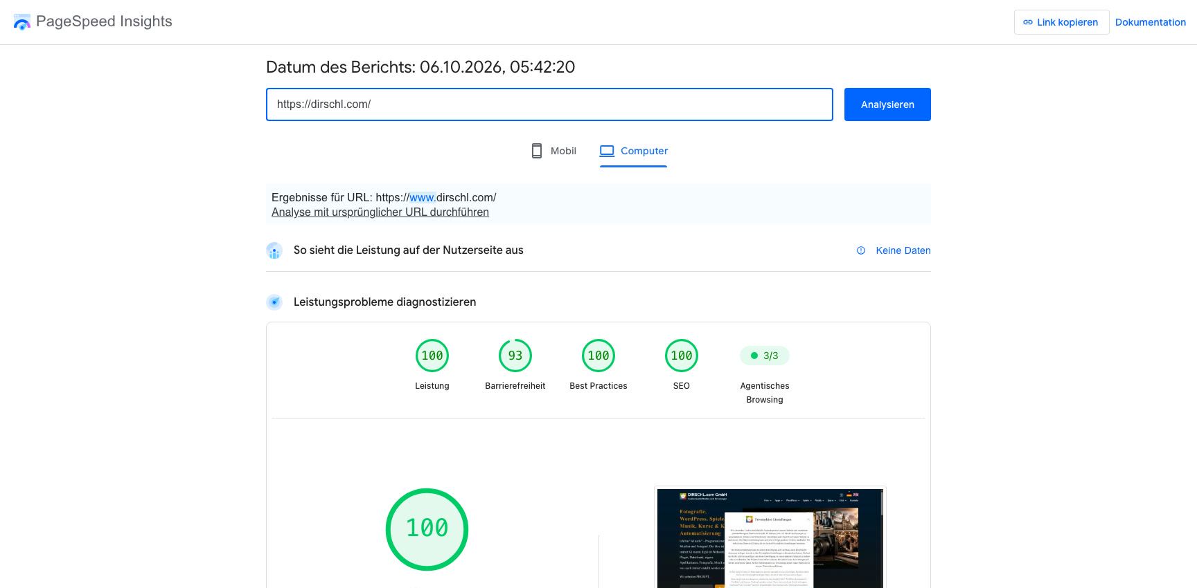 PageSpeed Insights dirschl.com – Desktop Google PageSpeed Insights für dirschl.com in der Desktop-Ansicht